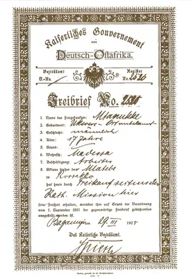 Missão de Bagamoyo — Decreto de liberdade para um escravo — editor Missão de Bagamoyo, P.O. Box 16