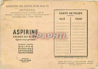 YAK-9 (U.R.S.S.) — Collezione degli Aerei Alleati (Serie IV) — Atelier d'art L.E.P., Parigi — Verso
