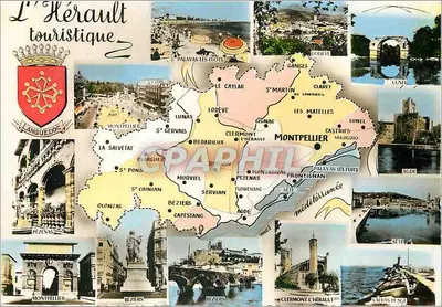 L'Hérault turístico — cartão postal ilustrado com mapa e fotos de locais — Combiér Imp. Nalon (S.-et-L.)