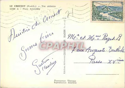 Le Creusot (S.-et-L.) — Vista aérea — Praça Schneider — Edições Adrien Schneider — Verso