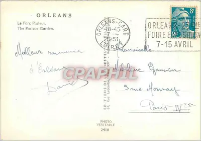 O Parque Pasteur — Orléans — Editor Estel, n°2418 — Verso