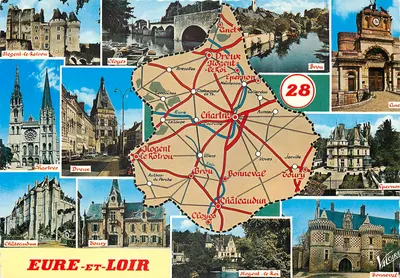 Eure-et-Loir — Carte postale touristique avec carte routière et photos de sites — Éditions Valoire