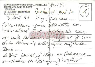 Reserva Africana de Sigean — 20º Aniversário 1994 — Adesivo comemorativo — Verso
