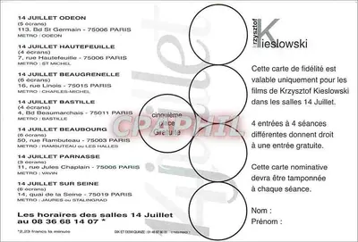 Krystof Kieslowski — 14 de julio en los Cines 14 de julio — Tarjeta de fidelidad — Reverso