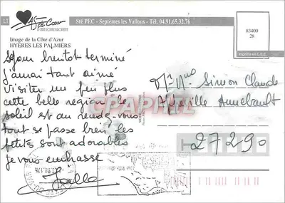 Hyères les Palmiers — Côte d'Azur — Editor LT de Cœur — Verso