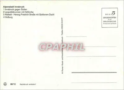 Innsbruck — widok panoramiczny i zabytki — H. Purner, Innsbruck, n° 60/12 — Rewers