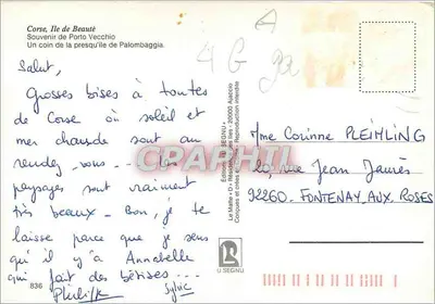 Korsyka, Wyspa Piękności — Pamiątka z Porto Vecchio, fragment półwyspu Palombaggia — Édition Le Maître, Alaggio — Rewers