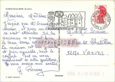 Marolles-les-Buis — vista da prefeitura, de um ponte sobre um riacho, de um caminho florestal e da igreja — editor Combier Imprimeur Mâcon — Verso