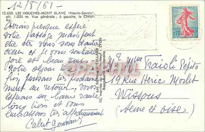 Les Houches-Mont Blanc — ogólne widok z Chrystus-Królem — Wydawca J. Cellard, nr 15.608 — Rewers