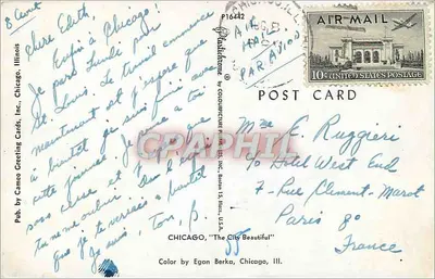 Chicago — vista del fiume con il transatlantico North America — editore Camco Greeting Cards, Inc. — Verso