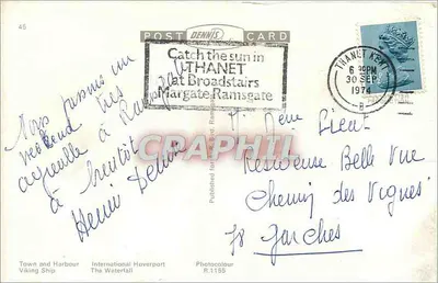 Ramsgate — widok portu, hovercraftu, statku wikingowskiego i wodospadu — wydawca Dennis, nr R.1155 — Rewers