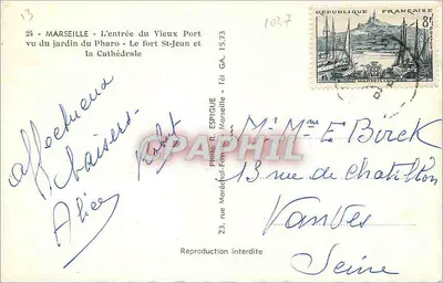 Marseille — A entrada do Velho Port, o forte Saint-Jean e a catedral — Foto R. Espigüe — Verso