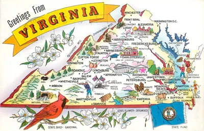 Saudações da Virgínia — cartão postal ilustrado com mapa do estado e suas atrações