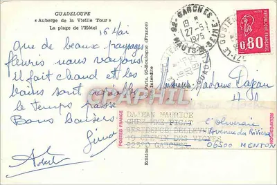 Praia da Auberge de la Vieille Tour — Guadalupe — Edição Postes France — Verso
