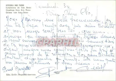 Sanremo — Saudações de Sanremo — Ediz. Gleffe — Verso