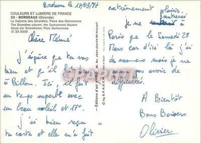 A Coluna dos Girondinos — Place des Quinconces — Éditions d'art J. Arcuelli — Verso