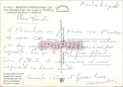 Bassin d'Arcachon — Pinasa z koszami z mięsem dorszowym, wracająca z placówki do mięsa dorszowego — Wydawca: C. Chataigneau, Bordeaux — Rewers
