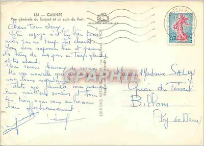 Nowoczesna pocztówka Cannes Ogólny widok Suquet i fragment portu — Rewers