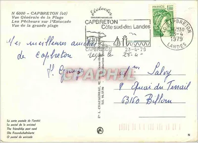 Capbreton — Vista geral da Praia e dos Pescadores na Estacade — Editor Elée, N° 6000 — Verso