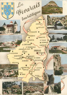 O Vivarais turístico — cartão postal ilustrado com mapa e fotos de locais — editor não visível