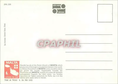 Parochiekerk van Mosta, Malta — uitgever John Hinde Studios, n° 2ML 329 — Achterkant