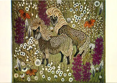 Duas alpacas em um jardim florido — obra de Robert Dwal — edição Ateliers Suzanne Goubely