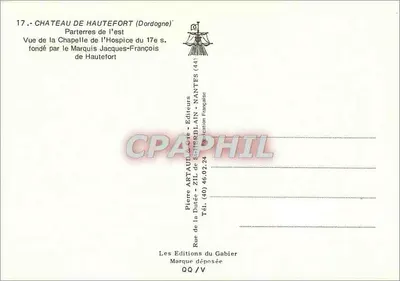 Zamek Hautefort (Dordogne) — Widok kaplicy Hospiczu z XVII wieku założonej przez markiza Jacquesa-Francoisa de Hautefort — Wydawnictwo Pierre Artaud & Cie, Nantes — Rewers