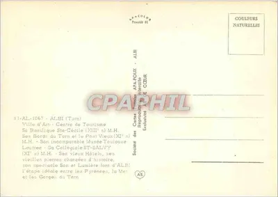 Albi — Cidade de Arte — Sociedade das Cartas Postais APA-POUX — Verso