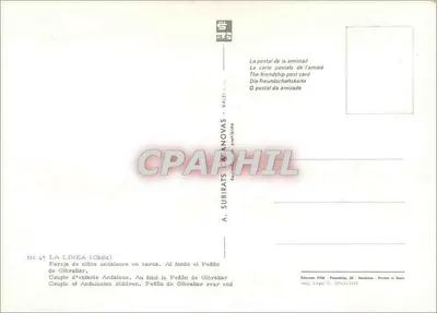 La Linea — Casal de crianças andaluzas em barco, no fundo o Peñón de Gibraltar — A. Subirats Caeánovas — Verso
