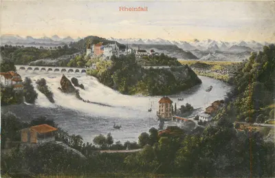 Rheinfall — vista panorâmica com castelo e ponte — G. Klett, Basel