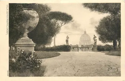 विला डोरिया पैम्फिल्ज (रोमा) — बगीचे का दृश्य, जिसमें एक प्रतिमा और पीछे के बैकग्राउंड में एक डोम है — एडिटर हैट्टम्बी, संख्या 140 948