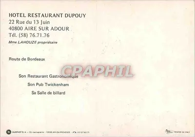 Hotel Dupouy — Aire-sur-Adour — Uitgever: Eliophot S.A. — Achterkant