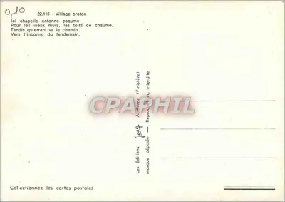 Pueblo bretón — capilla y casas con techos de paja — Ediciones Audierne (Finistère) — Reverso