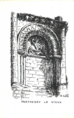 Parthenay le Vieux — vista de um portal histórico — desenho de R. Colle
