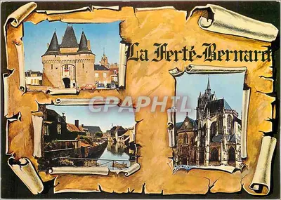 La Ferté-Bernard — vista panorâmica com porta medieval, canal e igreja — Impressor Combier, Mâcon