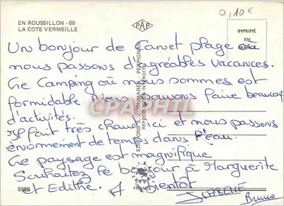 Lembrança da Costa Vermelha — Canet, Saint-Cyprien, Argeles, Le Racou, Collioure, Port Vendres, Banyuls, Cerbère — Edições S. Audin, impresso na França — Verso