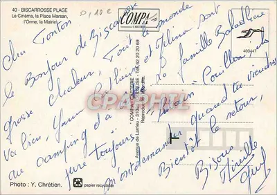 Biscarrosse Bourg — vista da praça, do cinema, da árvore e da prefeitura — COMPA-CARTERIE — Verso