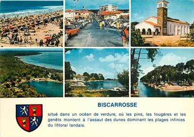 Biscarrosse — praia, cidade e igreja — editor desconhecido, número de série não visível