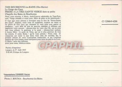 A Virgem das Águas — Capela dos Banhos de Bourbonne-les-Bains — Impressions COMBIER Macon — Verso