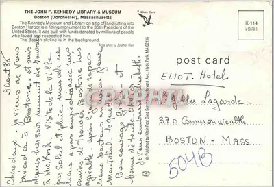 Biblioteca e Museu John F. Kennedy — Boston — Klein Card K-114 — Verso