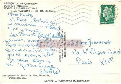 Presqu'île Quiberon — Hotel Restauracja « La Taverne » — Wydawnictwo Art Jack, Louvaince (Côte-d'Or) — Rewers