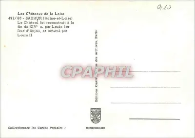 Castelo de Saumur — vista externa e interna — Edições Gréff, n° 492/60 — Verso