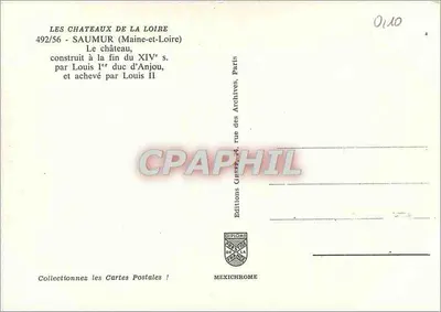 Zamek w Saumurze — widok zamku z schodami — Wydawnictwo Diplôme de la France, nr 492/56 — Rewers