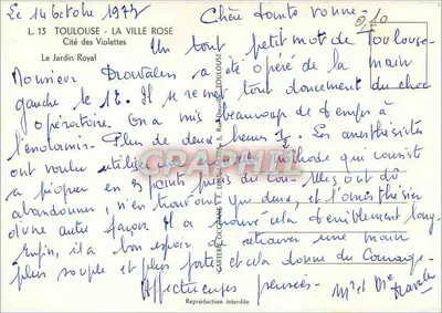 Jardim Real — Toulouse — Cidade das Violetas — Carta postal L.13 — Verso
