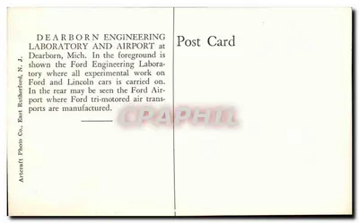 Laboratório de engenharia e aeroporto da Ford Motor Company — Dearborn, Michigan — Artercraft Photo Co., East Rutherford, N.J. — Verso