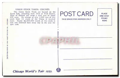 Union Stock Yards, Chicago — vista aérea — editor Max Rigot Selling Co. n°249 — Verso