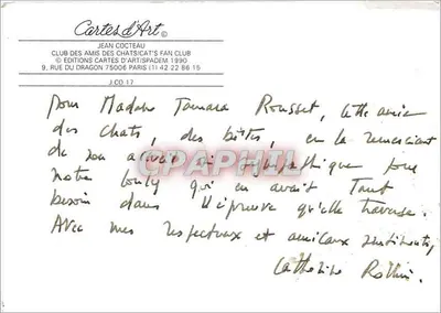 Gatto — disegno firmato da Jean Cocteau — Edizioni Carte d'Art — Verso