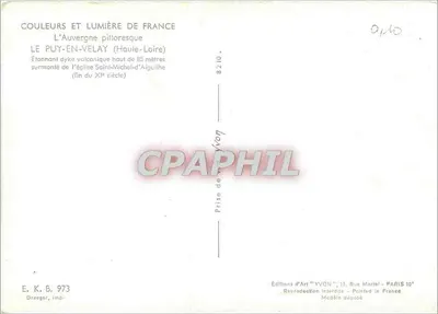 Le Puy-en-Velay — Dyke vulcânico de Étangnant sob a igreja de Saint-Michel-d'Aiguilhe (fim do século XI) — Edições de Arte 'YVON', Paris — Verso