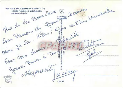 Velha mulher vestindo quichennotte em seu triciclo — Ilha de Oléron — editor ARTAUD Frères — Verso
