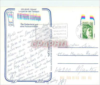 Colmar (Alsazja) — Dzielnica Tanneurs i jej domy z krokwią — Wydrukowane we Francji — Rewers